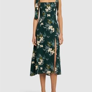 Reformation Forest Green Floral Midi Dress with Cream Flowers